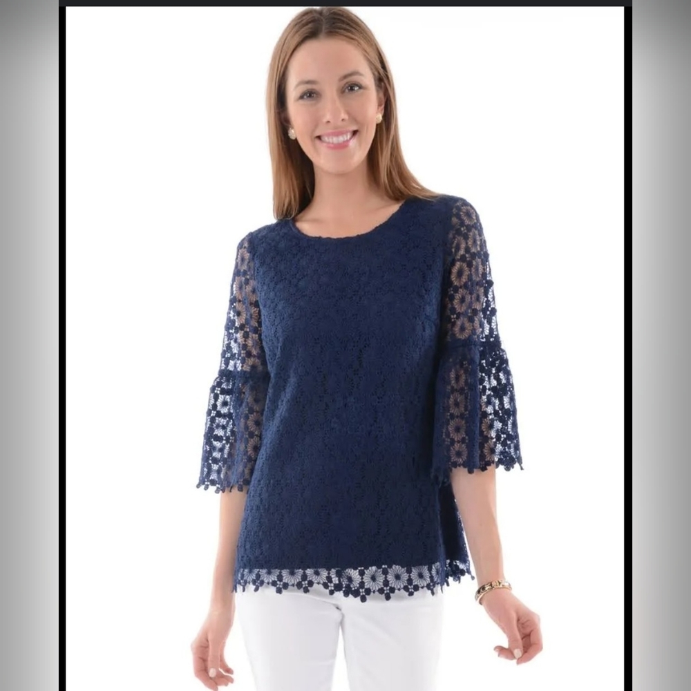 Sail To Stable Bell Sleeve Lace Overlay Top Navy Blue Size Medium